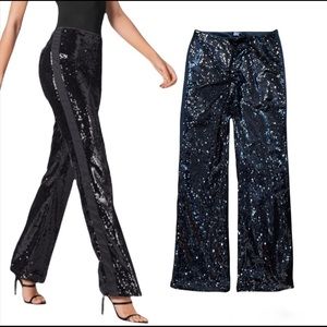 Venus tuxedo sequin pants. Flat front, high waist, wide leg. Satin inside.